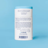 The back of the HiBAR Natural Deodorant tube, displaying the full ingredients list, usage instructions, and the "no parabens, aluminum, or cruelty" guarantee.